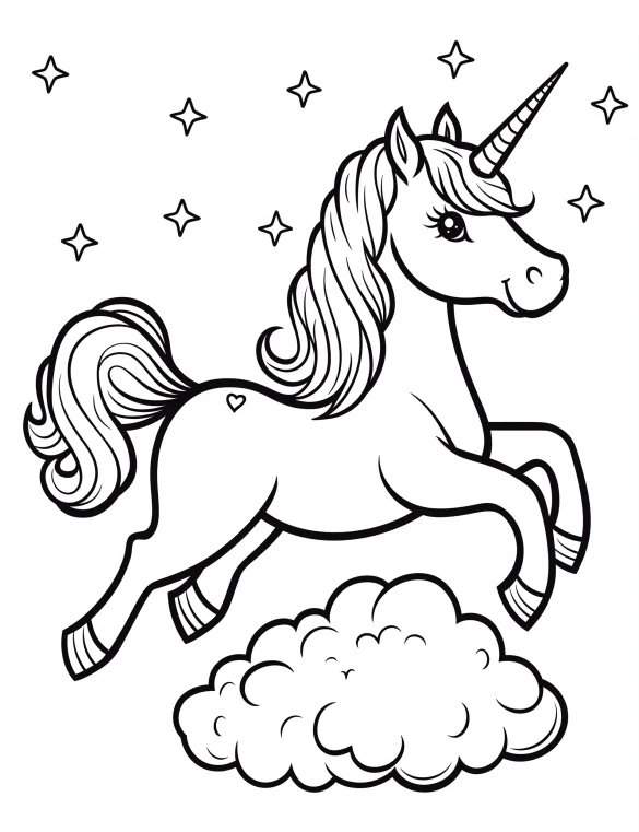 Flying Unicorn with Heart on Cloud and Stars Coloring Page