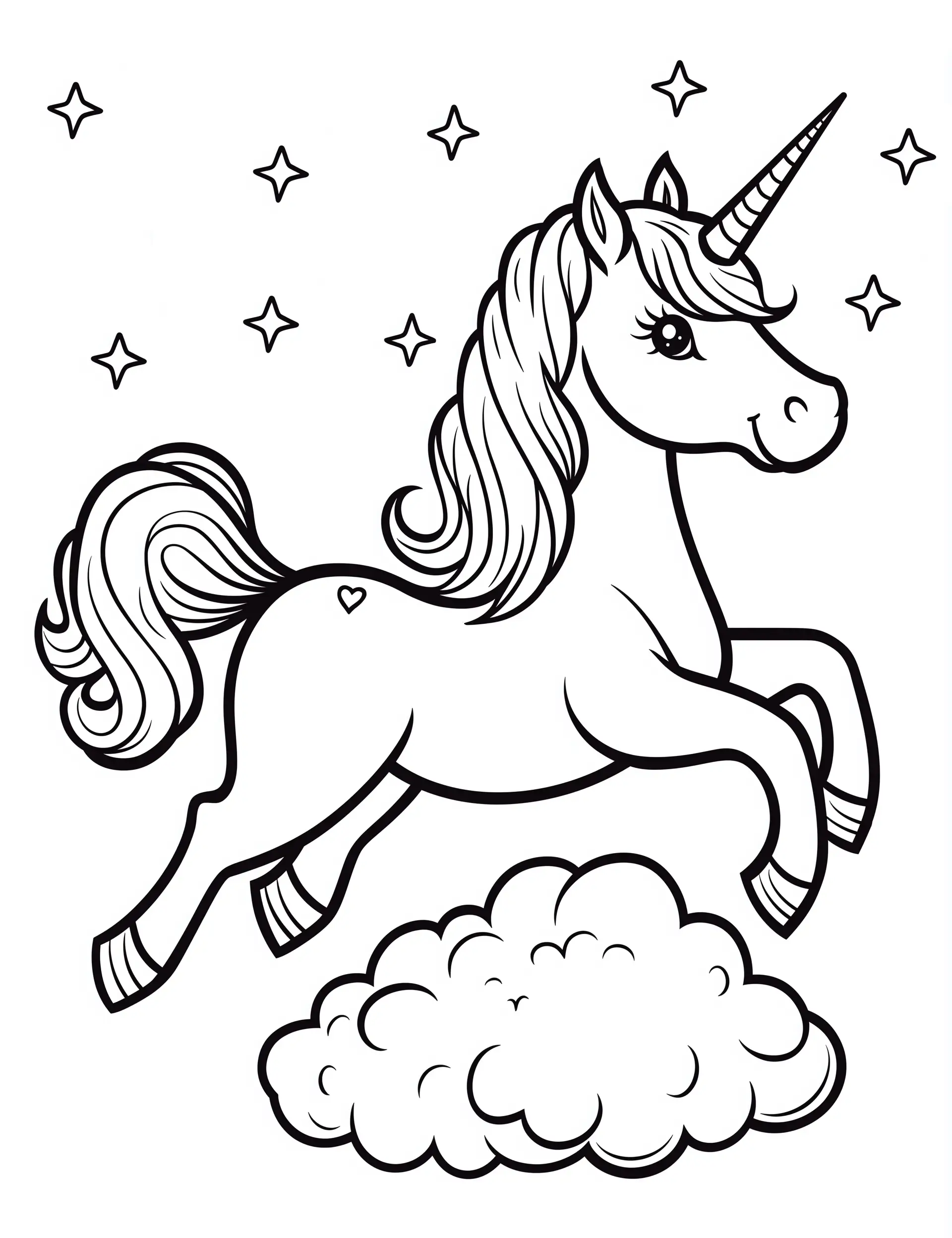Flying Unicorn with Heart on Cloud and Stars Coloring Page