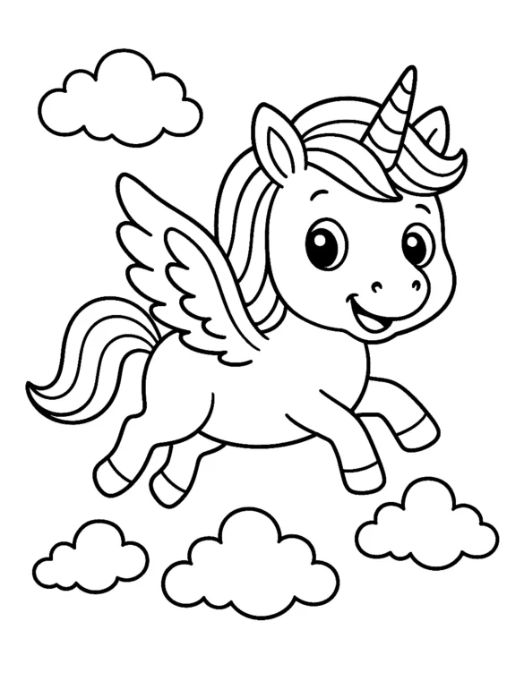 Flying Unicorn with Wings and Clouds Coloring Page