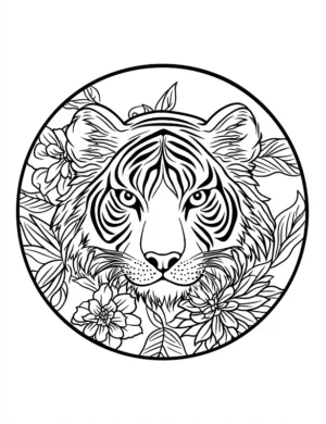Focused Tiger Face With Tropical Flowers Circle Coloring Page by Mindset Flow