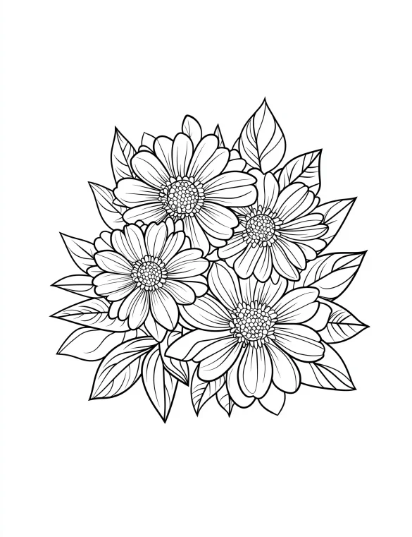 Four Large Flowers with Rounded Petals Coloring Page