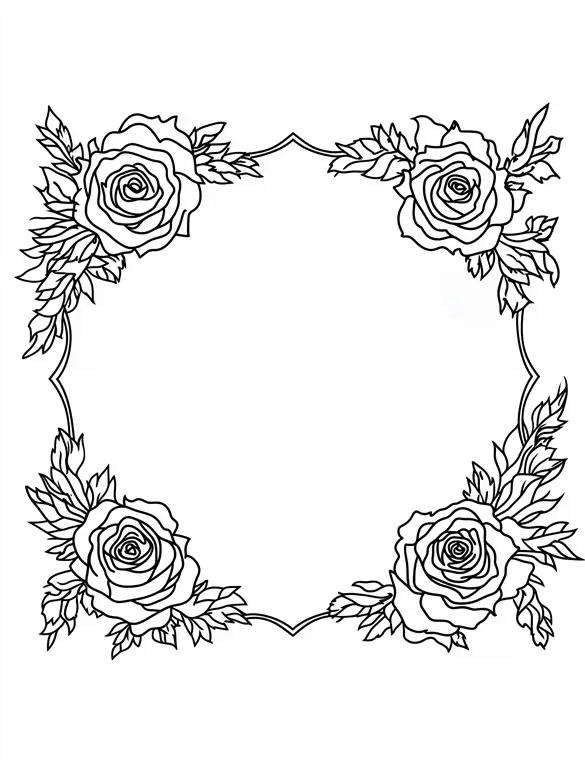Four Roses Flower Frame Coloring Page