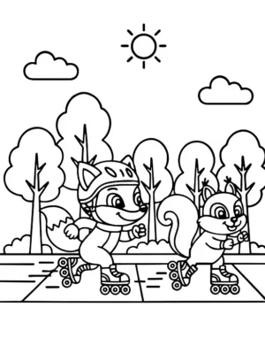Fox Roller Skating Race with Squirrel Coloring Page By Mindset Flow