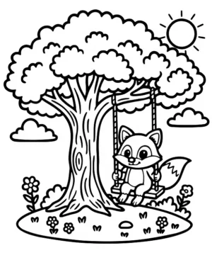 Fox on a Swing Hanging from Oak Tree Coloring Page By Mindset Flow