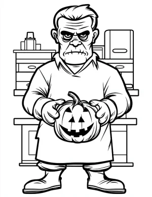 Frankenstein Monster Holding Pumpkin Coloring Page by Mindset Flow