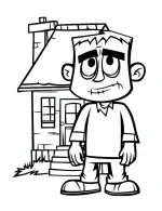 Frankenstein Monster in Front of House Halloween Coloring Page by Mindset Flow