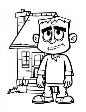 Frankenstein Monster in Front of House Halloween Coloring Page by Mindset Flow