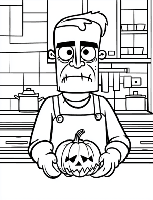 Frankenstein Monster in Kitchen Halloween Coloring Page by Mindset Flow
