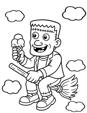 Frankenstein Riding Broom Halloween Coloring Page By Mindset Flow