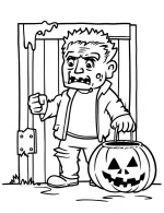 Frankenstein with Pumpkin Halloween Treat Coloring Page by Mindset Flow