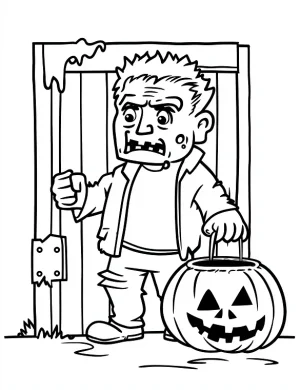 Frankenstein with Pumpkin Halloween Treat Coloring Page by Mindset Flow