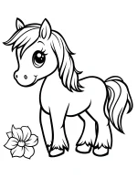 Friendly Cartoon Horse with Flowing Mane and Flower Adult Coloring Page