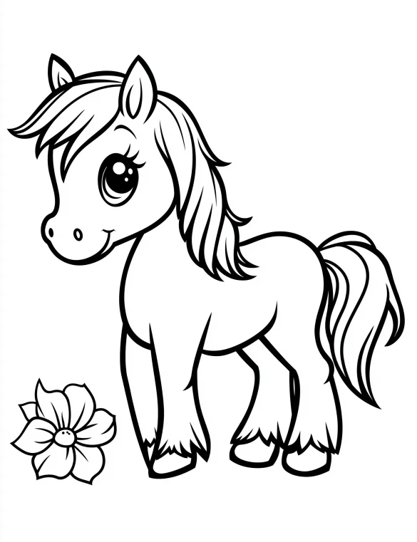 Friendly Cartoon Horse with Flowing Mane and Flower Adult Coloring Page