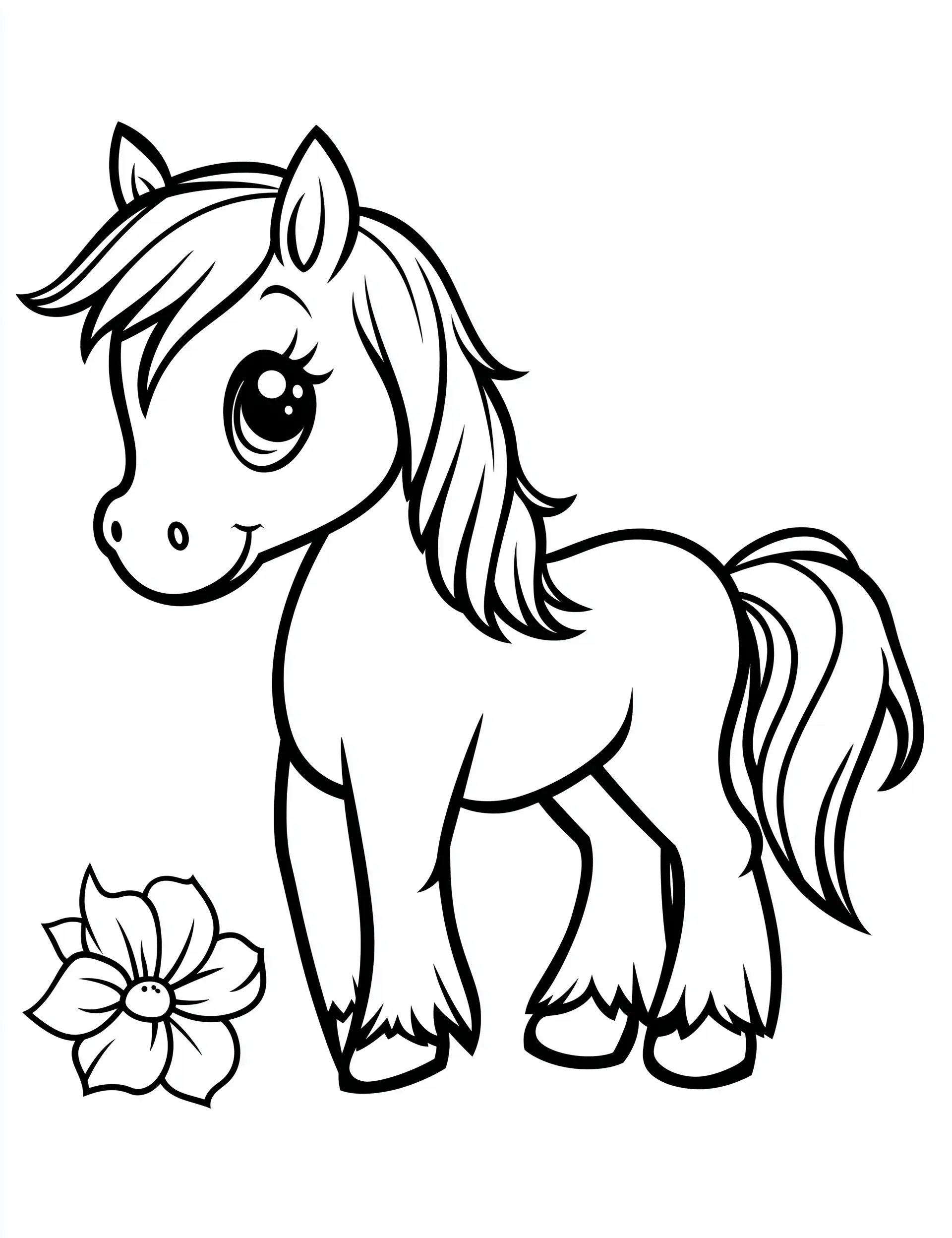Friendly Cartoon Horse with Flowing Mane and Flower Adult Coloring Page