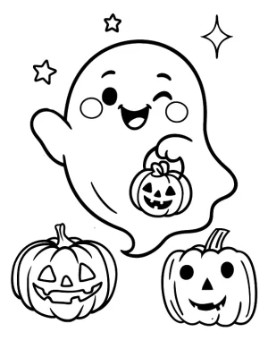 Friendly Ghost Holding Pumpkin with Halloween Decorations Coloring Page by Mindset Flow