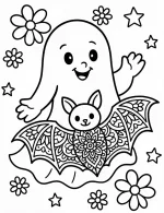Friendly Ghost and Bat Mandala Halloween Coloring Page by Mindset Flow