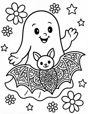 Friendly Ghost and Bat Mandala Halloween Coloring Page by Mindset Flow