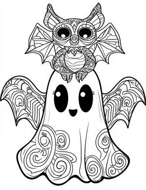 Friendly Ghost with Bat Mandala Halloween Coloring Page by Mindset Flow