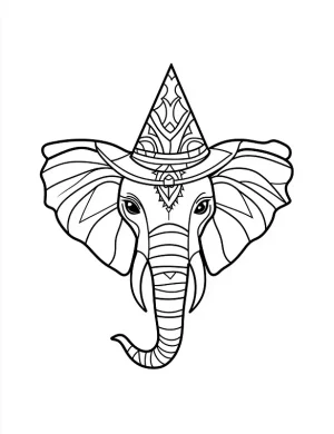Front Facing Elephant Wearing a Classic Witch Hat Coloring Page by Mindset Flow