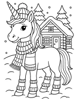 Frosty Winter Unicorn with Cozy Hat and Scarf in Snowy Cabin Scene Coloring Page
