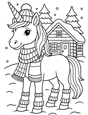 Frosty Winter Unicorn with Cozy Hat and Scarf in Snowy Cabin Scene Coloring Page
