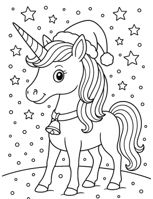 Frosty Winter Unicorn with Santa Hat and Bell in Starry Snowy Scene Coloring Page