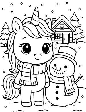 Frosty Winter Unicorn with Snowman and Cozy Scarf in Snowy Landscape Coloring Page