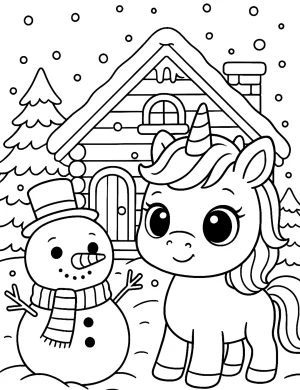 Frosty Winter Unicorn with Snowman in Snowy Scene Coloring Page