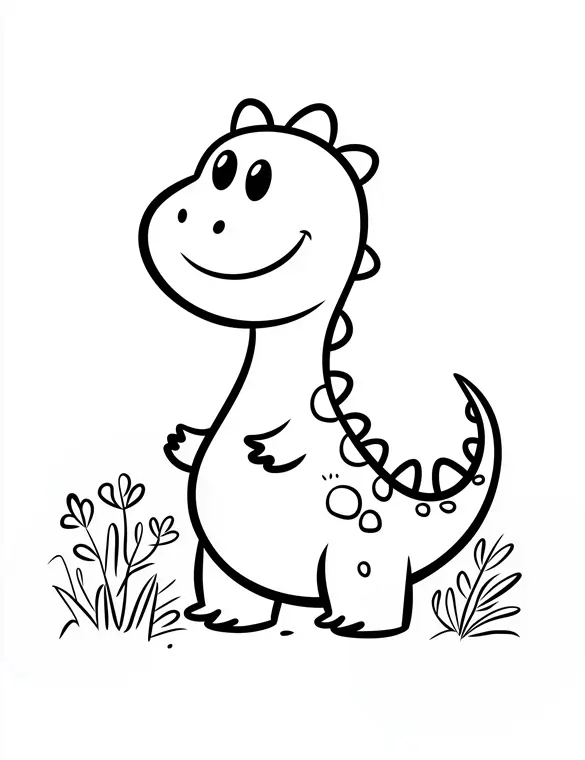 Funny Dinosaur Standing Among Plants Coloring Page