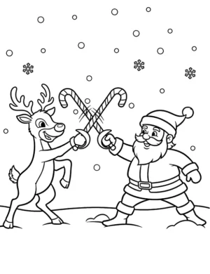 Funny Santa and Reindeer Candy Cane Duel Coloring Page By Mindset Flow