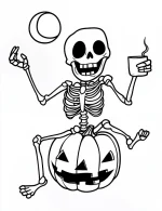 Funny Skeleton Drinking Coffee Sitting on Pumpkin Halloween Coloring Page by Mindset Flow