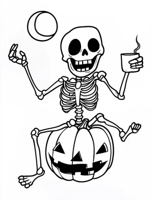Funny Skeleton Drinking Coffee Sitting on Pumpkin Halloween Coloring Page by Mindset Flow