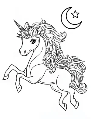 Galaxy Unicorn with Flowing Wispy Mane and Moon Coloring Page