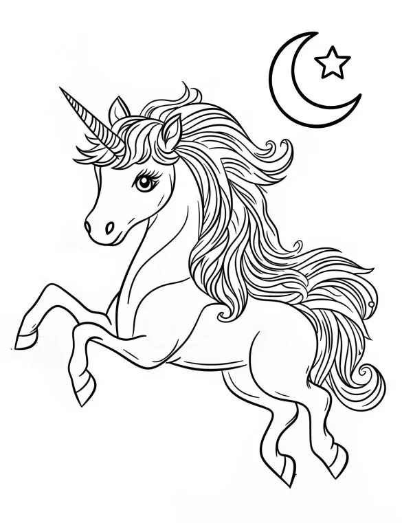 Galaxy Unicorn with Flowing Wispy Mane and Moon Coloring Page