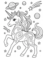 Galaxy Unicorn with Swirls and Planets Coloring Page