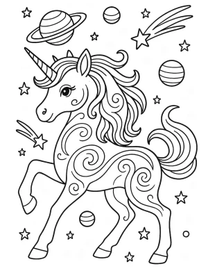 Galaxy Unicorn with Swirls and Planets Coloring Page