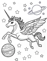 Galaxy Unicorn with Wings Flying in Space with Planets and Stars Coloring Page