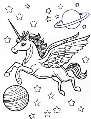 Galaxy Unicorn with Wings Flying in Space with Planets and Stars Coloring Page