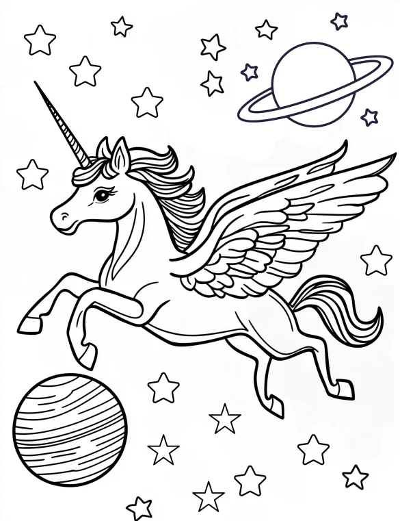 Galaxy Unicorn with Wings Flying in Space with Planets and Stars Coloring Page