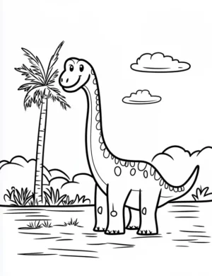 Gentle Giant Brachiosaurus with Palm Tree and Clouds Coloring Page