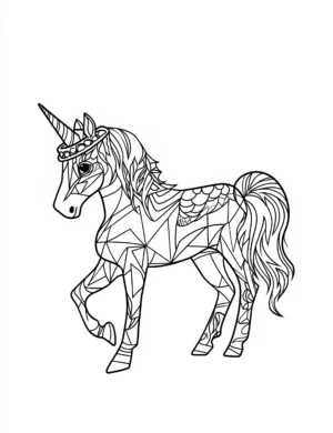 Geometric Low Poly Unicorn with Mosaic Patterns Coloring Page
