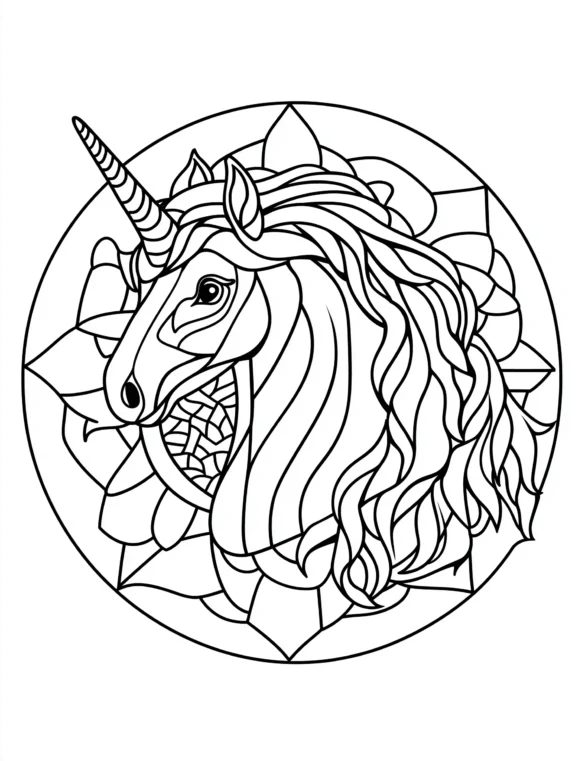 Geometric Unicorn Head Mandala with Flowing Mane Coloring Page Geometric Unicorn Head Mandala with Flowing Mane Coloring Page