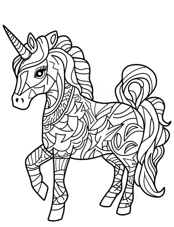 Geometric Unicorn with Intricate Patterns Coloring Page