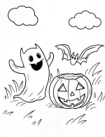 Ghost and Bat Playing with Pumpkin Halloween Coloring Page by Mindset Flow