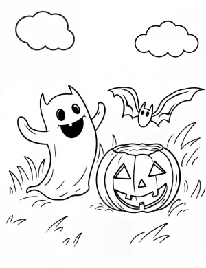 Ghost and Bat Playing with Pumpkin Halloween Coloring Page by Mindset Flow