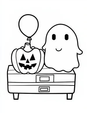 Ghost and Pumpkin with Balloon Halloween Coloring Page By Mindset Flow