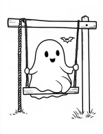 Ghost on Swing with Bat Halloween Coloring Page by Mindset Flow