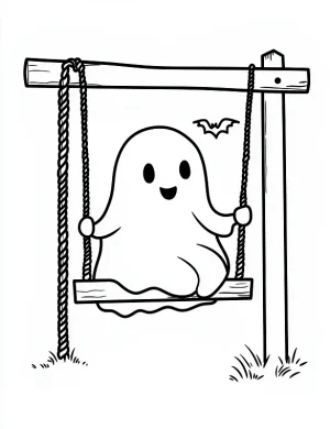 Ghost on Swing with Bat Halloween Coloring Page by Mindset Flow