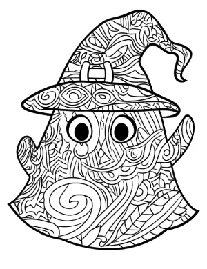 Ghost with Witchy Hat Halloween Mandala Coloring Page by Mindset Flow