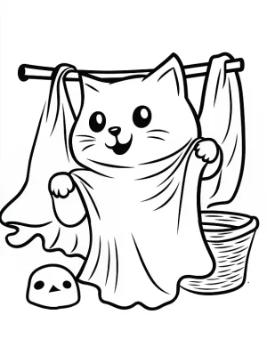 Ghostly Cat Dressing Up with Laundry Sheet Coloring Page by Mindset Flow